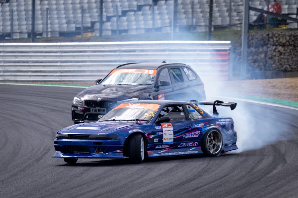 two drift cars twinning at tunerfest south brands hatch